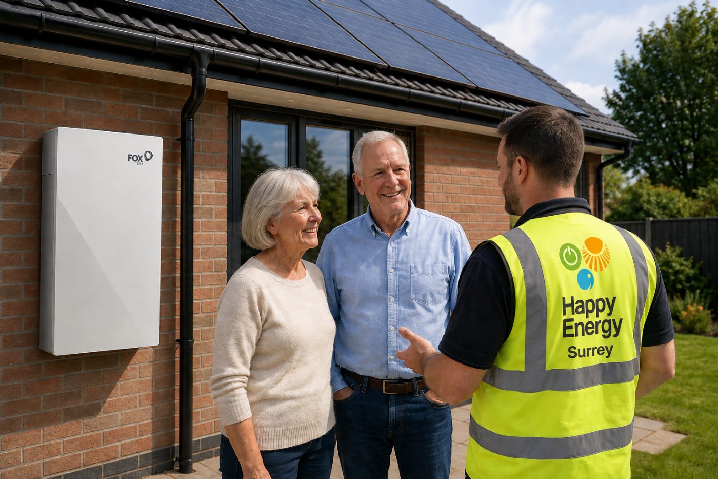 A Happy Energy engineer talking with a couple outside their home, beside a wall-mounted battery and rooftop solar panels